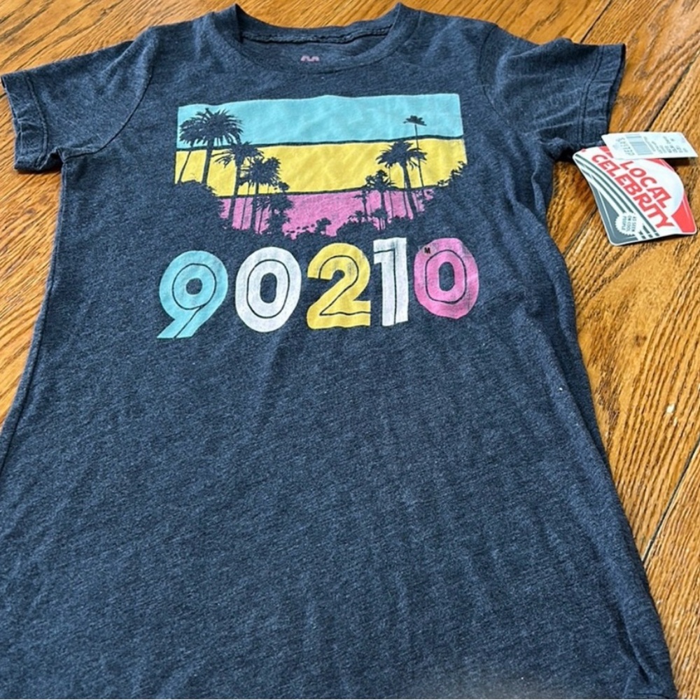 90210 Graphic Vintage tee.  Local Celebrity Gray w/aqua/pink/yellow. Medium.